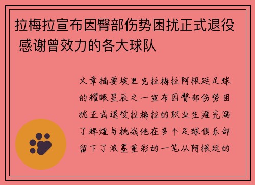 拉梅拉宣布因臀部伤势困扰正式退役 感谢曾效力的各大球队 拉梅拉宣布因臀部伤势困扰正式退役 感谢曾效力的各大球队