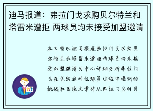 迪马报道:弗拉门戈求购贝尔特兰和塔雷米遭拒 两球员均未接受加盟邀请 迪马报道:弗拉门戈求购贝尔特兰和塔雷米遭拒 两球员均未接受加盟邀请