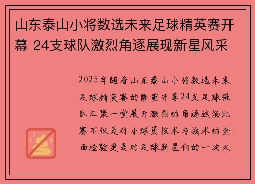 山东泰山小将数选未来足球精英赛开幕 24支球队激烈角逐展现新星风采