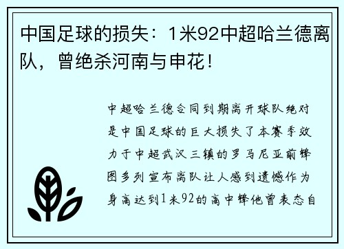 中国足球的损失：1米92中超哈兰德离队，曾绝杀河南与申花！